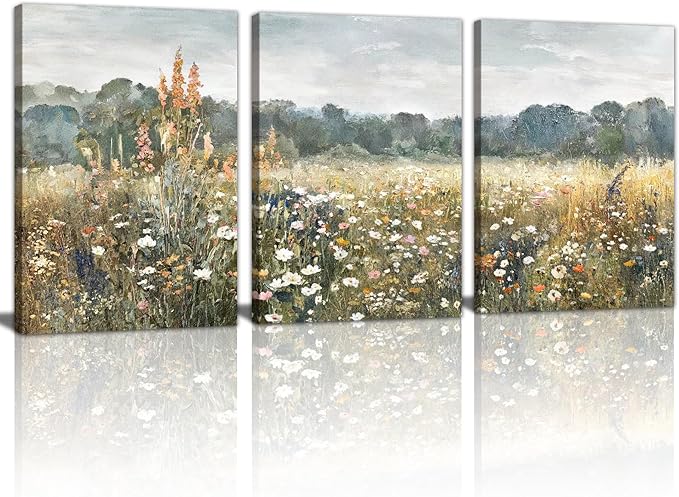 WENGTIAO 3Pcs Spring Wildflower Field Canvas Wall Art Prints Rustic Meadow Landscape Painting Nature Watercolor Flower Pictures Poster Vintage Farmhouse Artwork for Living Room Bedroom 12”x16”x3
