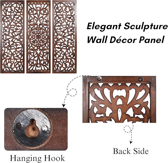 The Wooden Town Wall Hanging Plaques - Wall Plaque Wall Décor Plaques Set of 3-36 x 12 Inch - Burnt, Elegant Sculpture Wall Décor Panel to Enhance the Décor of Your Room or Office