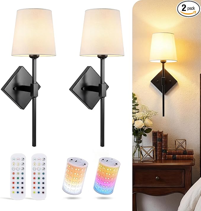 CLOUDY BAY 10000mAh Battery Operated Wall Sconces,Up to 100 Hours with Rechargeable RGB Dimmable Magnetic Bulb,Cordless Wall Lighting Fixtures with Remote for Bedroom,Black,2 Pack-18in