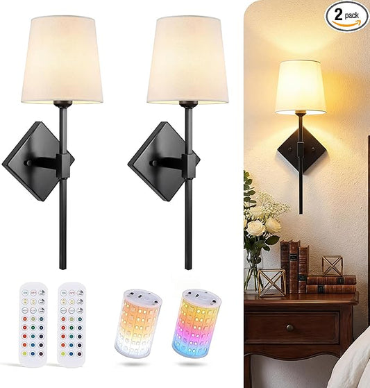 CLOUDY BAY 10000mAh Battery Operated Wall Sconces,Up to 100 Hours with Rechargeable RGB Dimmable Magnetic Bulb,Cordless Wall Lighting Fixtures with Remote for Bedroom,Black,2 Pack-18in