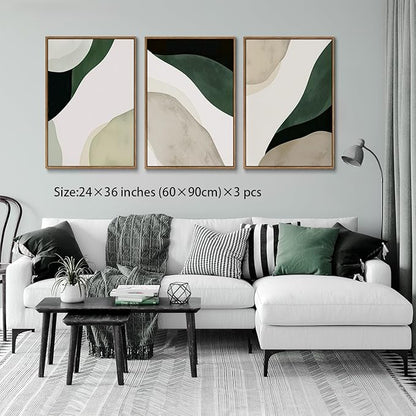 myusuar 3 Piece Large Modern Abstract Canvas Framed Wall Art For Living Room, Green Black White Minimalist Wall Art Decor Posters Prints For Bedroom Office 24x36in