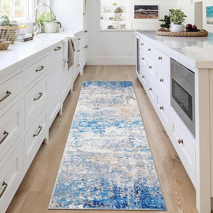 ROYHOME 2x6 Modern Abstract Runner Rug Non Slip Soft Stain Resistant Low Pile Machine Washable Non Shed Rug for Hallway Kitchen Bathroom, Blue/Grey