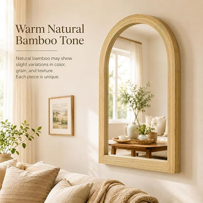 24" x 36" Arched Bamboo Wall Mirror, Handwoven Natural Frame with 2-Inch Deep Textured Profile, Decorative Boho Mirror for Entryway, Bedroom, Living Room