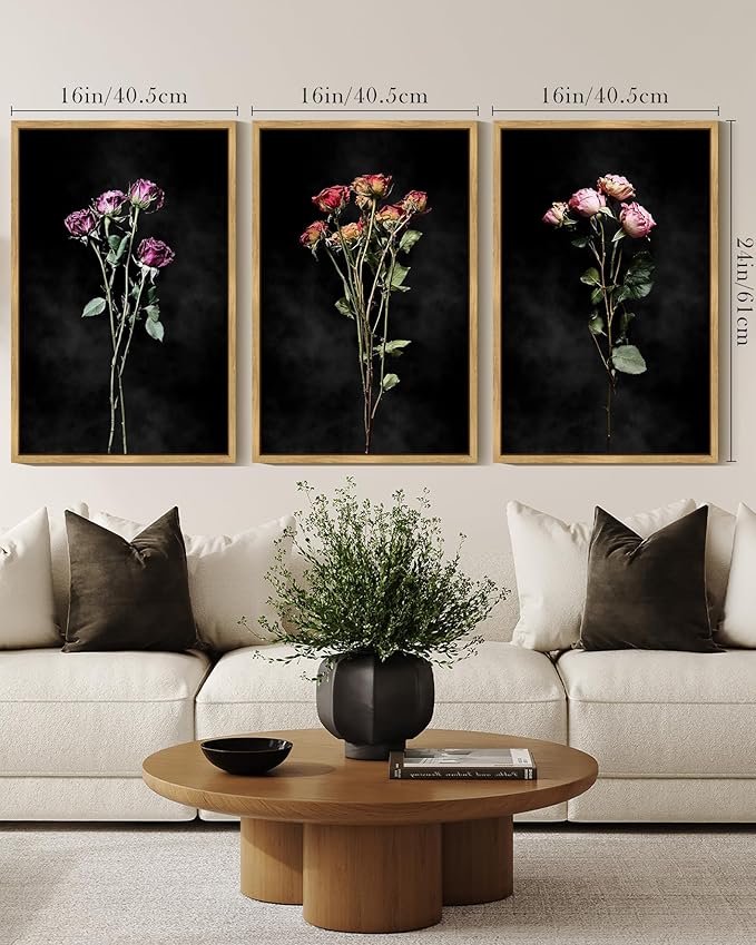 Drsoum Vintage Dark Moody Flower Bouquet Wall Art Framed Retro Wildflower Botanical Prints Modern Nature Plant Floral Rustic Artwork Bedroom Living Room Ready to Hang 16x24in Natural Framed