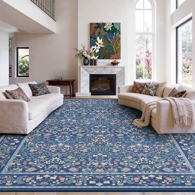 AMADA HOMEFURNISHING Large Area Rugs 9x12, Washable Floral Rug with Non-Slip Backing & Low Pile, Durable Edge Biding, Vintage Soft Floral Rug for Living Room, Bedroom and Dining Room