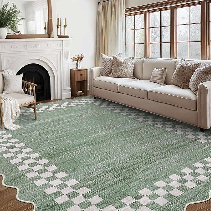 GarveeHome 10x13 Area Rug Large Living Room Scalloped Rug Non Slip Low Pile Bedroom Throw Carpet Soft Modern Bordered Dining Room Rug Stain Resistant Boho Carpet for Home Office, Green