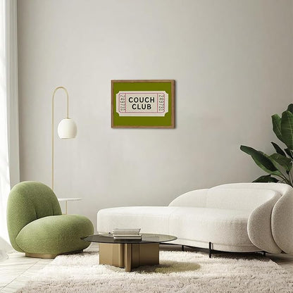Vintage Framed Wall Art, Couch Club Ticket Canvas Wall Decor Painting, Retro Green Minimalist Quote Poster Print Picture for Living Room Bathroom Home Decor 12x16 Inch