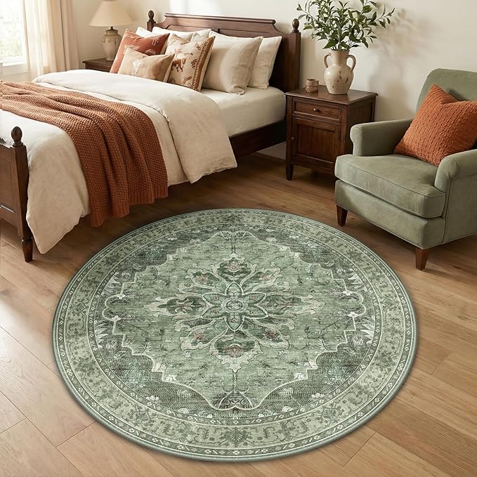RELEANY Area Rugs Round 4ft Washable Non-Slip, Floral Vintage Distress Print Pattern Medallion Carpet for Living Room Bedroom Dining Room, Dark Green Gray