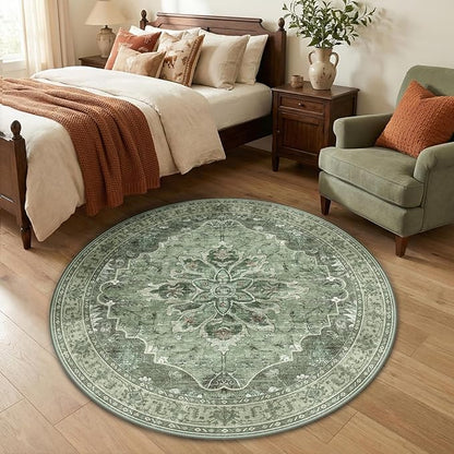 RELEANY Area Rugs Round 4ft Washable Non-Slip, Floral Vintage Distress Print Pattern Medallion Carpet for Living Room Bedroom Dining Room, Dark Green Gray