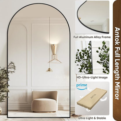 Antok Oversized Full Length Mirror with Stand, 83"x44" Arched Floor Mirror, Aluminum Frame, Wall Mounted/Leaning/Free Standing, Large Body Mirror for Bedroom Living Room Entryway Dressing Room,Black