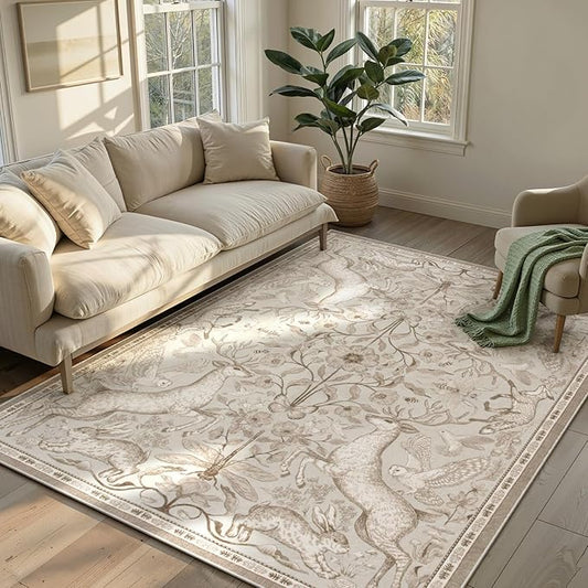 Lahome 5x7 Washable Area Rugs, Dorval Boho Deer Rugs for Living Room, Neutral Botanical Non Slip Low Pile Soft Carpet for Bedroom Dining Room Nursery Office Home Decor Beige