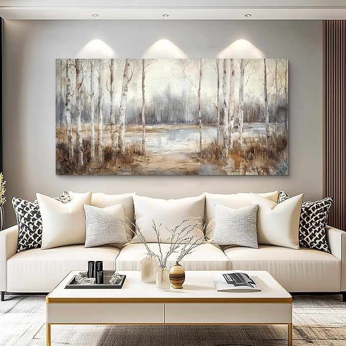 QIYILEXWART Canvas Wall Art For Living Room Large Wall Decor For Office Bedroom Decorations By The Lake Pictures Birch Forest Painting Stretched And Framed Artwork Room Ready To Hang