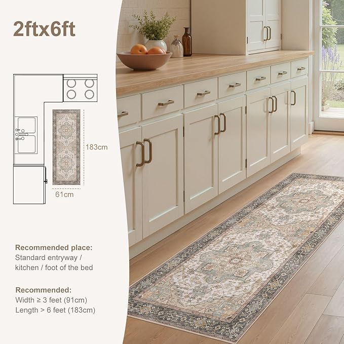 EIEIHOUSE Washable 2x6 Runner Rug - Area Rugs Neutral Vintage Distressed Floral Farmhouse Boho Large Soft Floor Rug Indoor Carpet for Hallway Entryway Bedroom Kitchen - Forest Green Orange