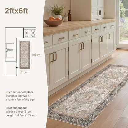 EIEIHOUSE Washable 2x6 Runner Rug - Area Rugs Neutral Vintage Distressed Floral Farmhouse Boho Large Soft Floor Rug Indoor Carpet for Hallway Entryway Bedroom Kitchen - Forest Green Orange