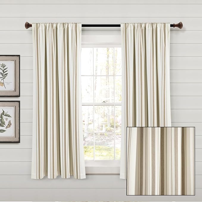 Lush Decor Farmhouse Stripe Yarn Dyed Eco-Friendly Recycled Cotton Window Curtain Panel Pair, 42" W x 63" L, Neutral - Classic Modern Rustic Charm - Eco Friendly Cotton Fabric