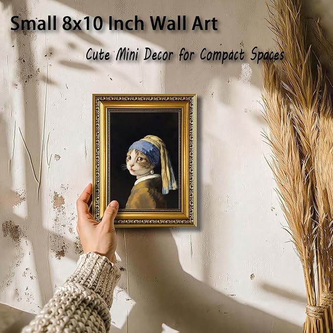 YD&YZY Gold Framed Funny Cat Wall Art Canvas Girl with a Pearl Earring Cat Wall Decor Unique Cute Animal Painting Picture Print for Bedroom Living Room Bathroom 8x10 inch Small Framed