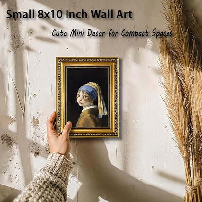 YD&YZY Gold Framed Funny Cat Wall Art Canvas Girl with a Pearl Earring Cat Wall Decor Unique Cute Animal Painting Picture Print for Bedroom Living Room Bathroom 8x10 inch Small Framed