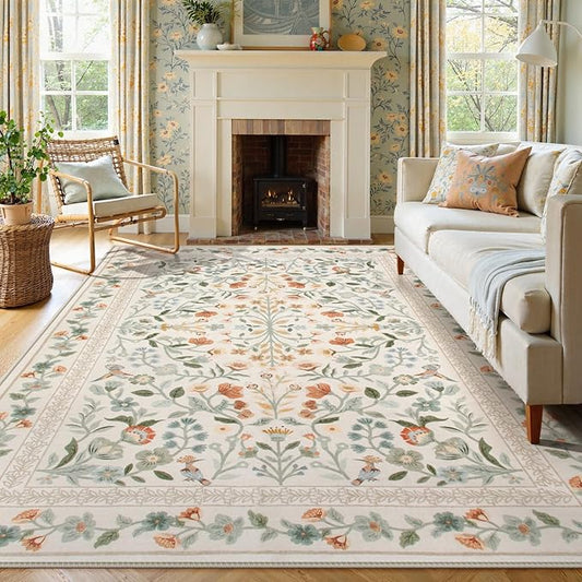 Lahome Floral Washable Area Rug 9x12, Extra Large Non Slip Carpet for Living Room Dining Room, Low-Pile Soft Botanical Rug for Bedroom Office, Machine Washable Home Decor, Beige
