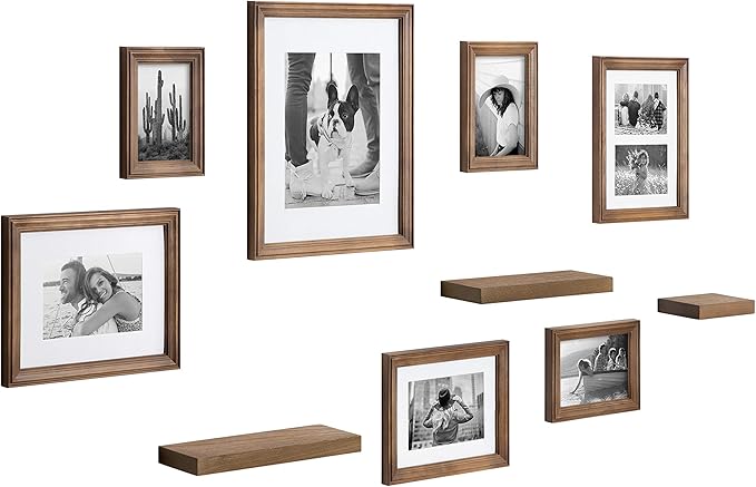 Kate and Laurel Bordeaux Gallery Wall Frame and Shelf Kit, Set of 10, Natural, Assorted Size Frames with Wood Finish and Three Display Shelves Included
