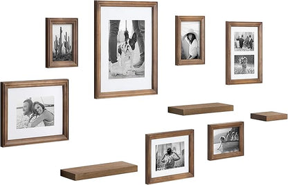 Kate and Laurel Bordeaux Gallery Wall Frame and Shelf Kit, Set of 10, Natural, Assorted Size Frames with Wood Finish and Three Display Shelves Included