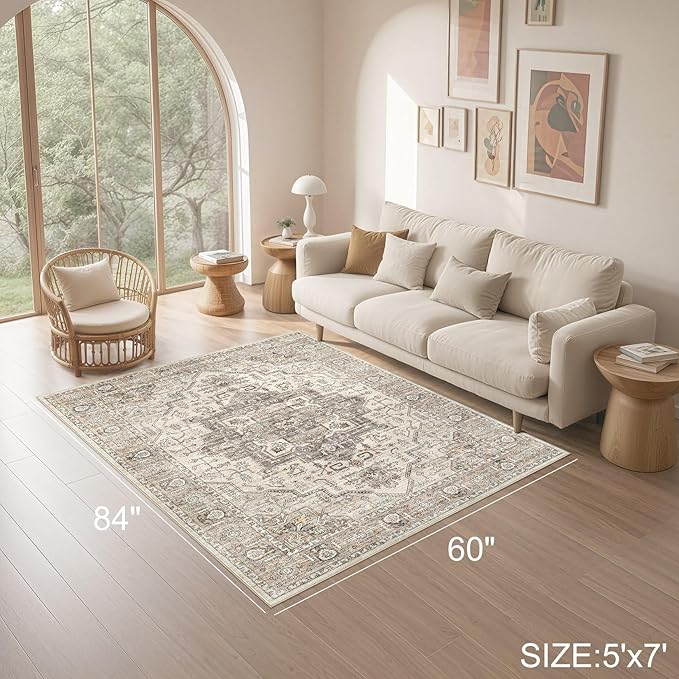 Area Rug 5x7 Washable Vintage - Soft Traditional Rugs for Living Room Large Non Slip Backing with Low Pile Farmhouse Oriental Retro Carpet for Bedroom Dining Room or Home Office - Light Brown