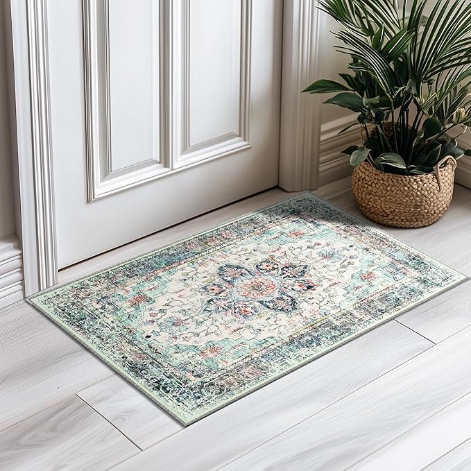 BESTSWEETIE 2x3 Area Rug Washable Rugs for Living Room, No Pile Boho Carpet for Entryway Bedroom Dinning Room, Vintage Carpet Print Distressed Non-Slip, 2 x 3 ft, Multi Navy Teal