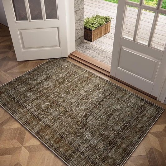 Washable 2x3 Entryway Rug, Boho Non-Slip Door Mat Vintage Distress Small Rugs for Kitchen Nursery Office Bedroom, 0.3" Neutral Oriental Throw Carpet with Cushioning Pad, Rust/Multi, D2