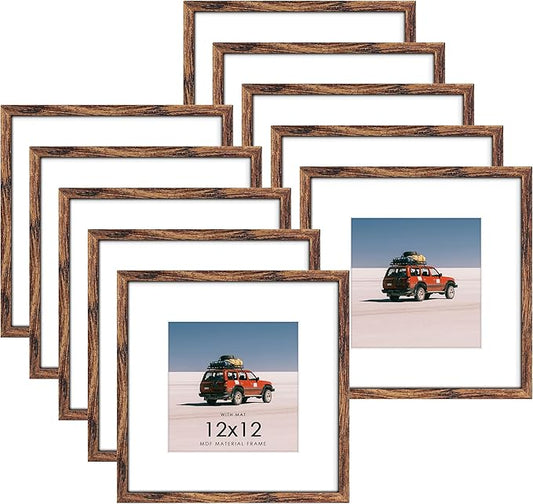 12x12 Picture Frame Sef of 10, Display Pictures 8x8 with Mat or 12 x 12 Without Mat, Photo Frame Collage for Wall Gallery Decor, Wall Mounted, Brown