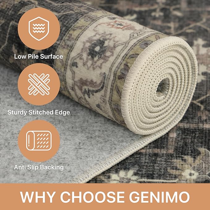GENIMO 5x7 Area Rugs for Living Room, Machine Washable Rug, Non Slip Indoor Vintage Rug, Low Pile Lightweight Chenille Print Carpet for Bedroom Dining Room Home Office, Muted Charcoal Beige
