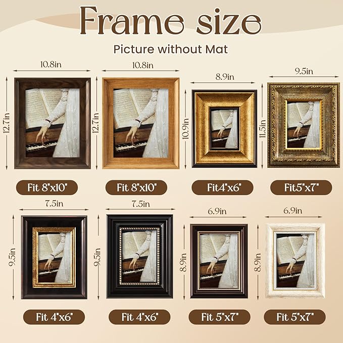 Lineshading 8 Pcs Picture Vintage Gallery Wall Frame Set Antique Resin Picture Frame Collage Including 8x10, 5x7, 4x6 Baroque Victorian for Wall Tabletop Display Ornate Country for Bedroom Living Room