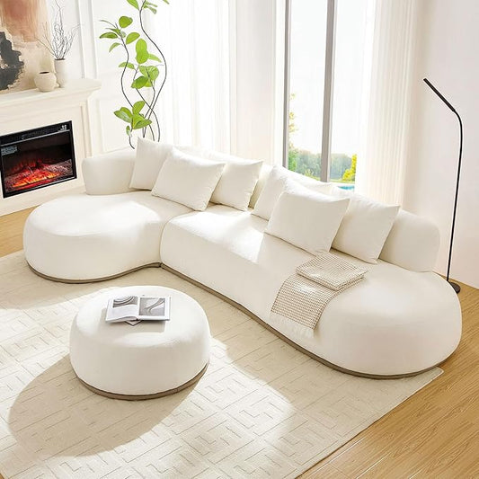 WILLIAMSPACE 134.63" Oversize Curved Sofa Cloud Couch with Round Chaise & Ottoman, Modern Upholstered Curved Sectional Sofa Couch with 6 Pillows for Living Room, No Assembly (Left-Facing,Cream White)