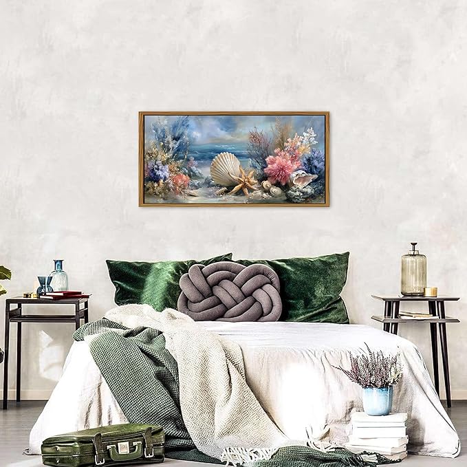 Coastal Coral Wall Art Rustic Seashell Framed Painting Graffiti Abstract Seascape Bathroom Wall Decor Blue Ocean Beach Picture for Living Room Conch Starfish Canvas Print Artwork Home Decoration 20x40