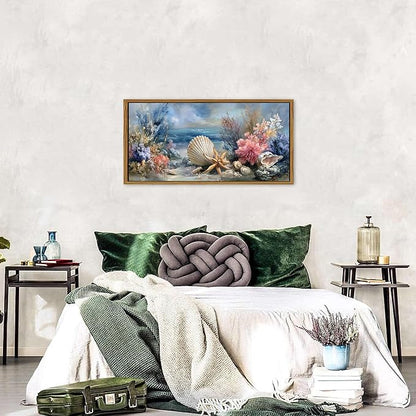 Coastal Coral Wall Art Rustic Seashell Framed Painting Graffiti Abstract Seascape Bathroom Wall Decor Blue Ocean Beach Picture for Living Room Conch Starfish Canvas Print Artwork Home Decoration 20x40