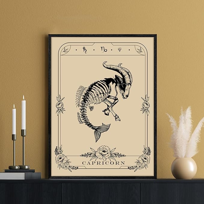 SERIMINO Witchy Framed Wall Art, Capricorn Tarot Canvas Prints Paintings, Horoscope Dark Academia Home Decor Aesthetic, 16x24inch Gothic Wall Decor for Room
