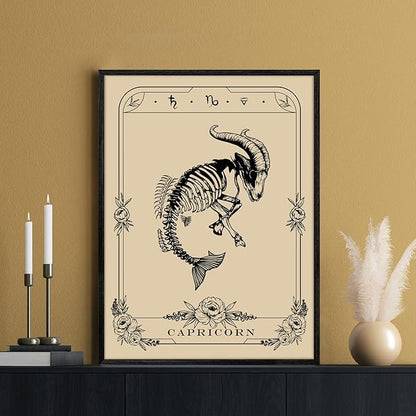 SERIMINO Witchy Framed Wall Art, Capricorn Tarot Canvas Prints Paintings, Horoscope Dark Academia Home Decor Aesthetic, 12X16inch Gothic Wall Decor for Room