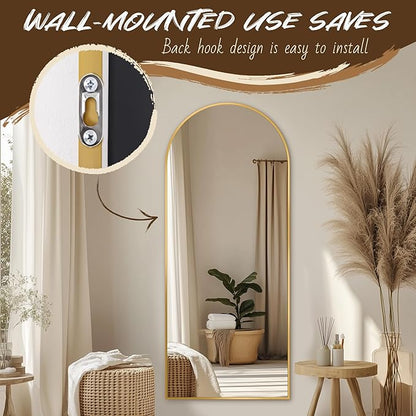 Antok Arched Full Length Mirror, 56"x14" Gold Metal Frame Floor Mirror for Bedroom Living Room, Freestanding/Wall Mount/Leaning