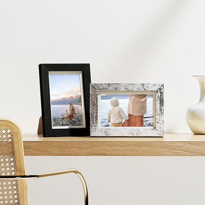 Vittanly 4x6 Picture Frames Set of 9, Display 3.5x5 Pictures with Mat or 4x6 without Mat, Photo Frames for Wall or Tabletop with Plexiglass, Engineered Wood, Black&Brown&Distressed White