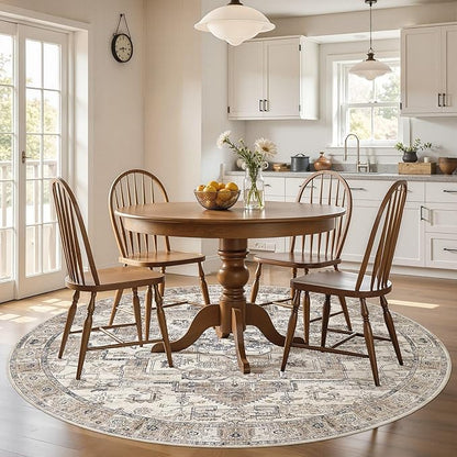 8x8 Round Area Rugs Washable Vintage - Soft Traditional Rugs for Living Room Large Non Slip Backing with Low Pile Farmhouse Oriental Retro Carpet for Bedroom Dining Room or Home Office - Tea Brown