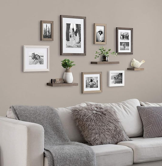 Kate and Laurel Bordeaux Gallery Wall Frame and Shelf Kit, Set of 10, Multicolored with Whitewash, Charcoal Gray, and Farmhouse Gray, Assorted Size Frames and Three Display Shelves