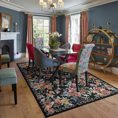 5x8 Machine Washable Area Rug for Living Room, Dark Blue Black Vintage Boho Floral Rug Large Non-Slip Low Pile Soft Faux Wool Carpet, Kids and Pets Friendly for Bedroom Dining Room Farmhouse Decor Rug