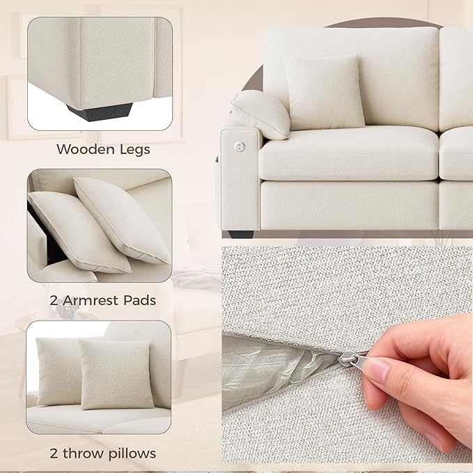 76" Modern Loveseat Couches for Living Room, Comfy Loveseat Sofa with Deep Seat Couch, USB/Type-C Port, Side Storage, Removable Cover, Small Couches for Living Room, Beige