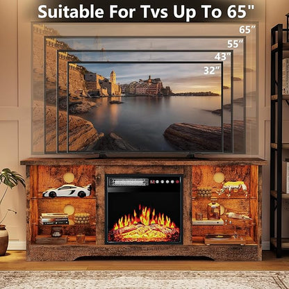TAVATA Fireplace TV Stand with 18" Fireplace, Modern Entertainment Center for TVs up to 65 inch, Media TV Console for Living Room with Led Lights, Adjustable Glass Shelves and Storage Cabinets (Brown)