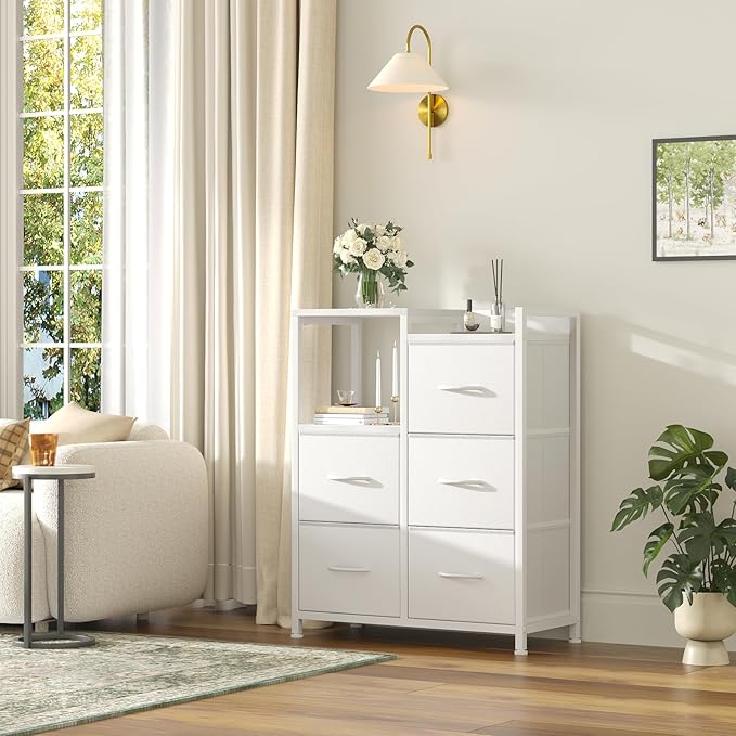 DUMOS TV Stands for Bedroom with 5 Drawers, 5-Drawer Chest of Drawers with Raised Shelf, Storage Tower with Fabric Bins for Closet Organization, Hallway Storage, Ivory