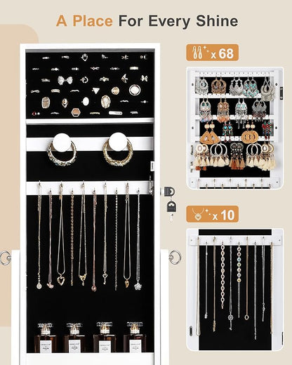 Nicetree Jewelry Cabinet Armoire, Freestanding Jewelry Armoire Organizer with Full-Length Mirror, Lockable Jewelry Storage Cabinet, Frameless Mirror, 3 Adjustable Angles, Moon White