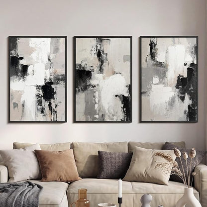 Modern Neutral Abstract Canvas Wall Art Set of 3, Extra Large Black White Gray Triptych Hand Painted Artwork 24x36, Solid Wood Framed Contemporary Minimalist Living Room Bedroom Office Decor