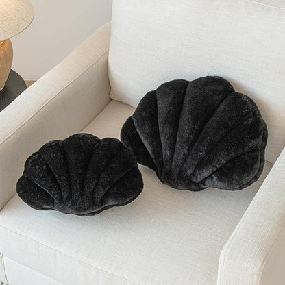 Shell Pillow, Seashell Throw Pillow with Soft Rabbit Plush for Couch Bed, Shell Shaped Decorative Ocean Pillow Stylish Beach Cushion Room Aesthetic Home Decor (Black, 18 X 13 Inches)