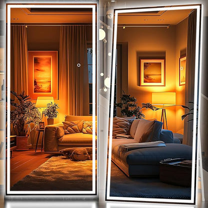 Hasipu Full Length Mirror with Lights, 95" x 40" LED Lighted Floor Standing, Full Body Dressing Hanging Mounted Mirror, Tempered Glass, Square White