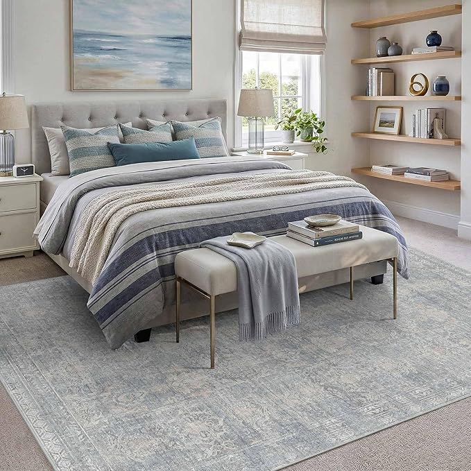Rugxara 6x9 Area Rugs for Living Room Bedroom, Large Washable Rug, Blue Vintage Retro Boho Rug, Non Slip & Low Pile Faux Wool Thin Carpet for Indoor Dining Room and Kids Room(Blue/Beige 6x9ft)