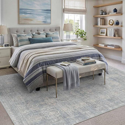 Rugxara 6x9 Area Rugs for Living Room Bedroom, Large Washable Rug, Blue Vintage Retro Boho Rug, Non Slip & Low Pile Faux Wool Thin Carpet for Indoor Dining Room and Kids Room(Blue/Beige 6x9ft)