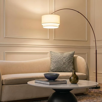 Brightech Mason Arc Floor Lamp - Modern Corner Standing Lamp with Unique Hanging Drum Lamp Shade for Living Room - Bright Overhead, Curved Hanging Light for Bedroom. Library, Den - Bronze